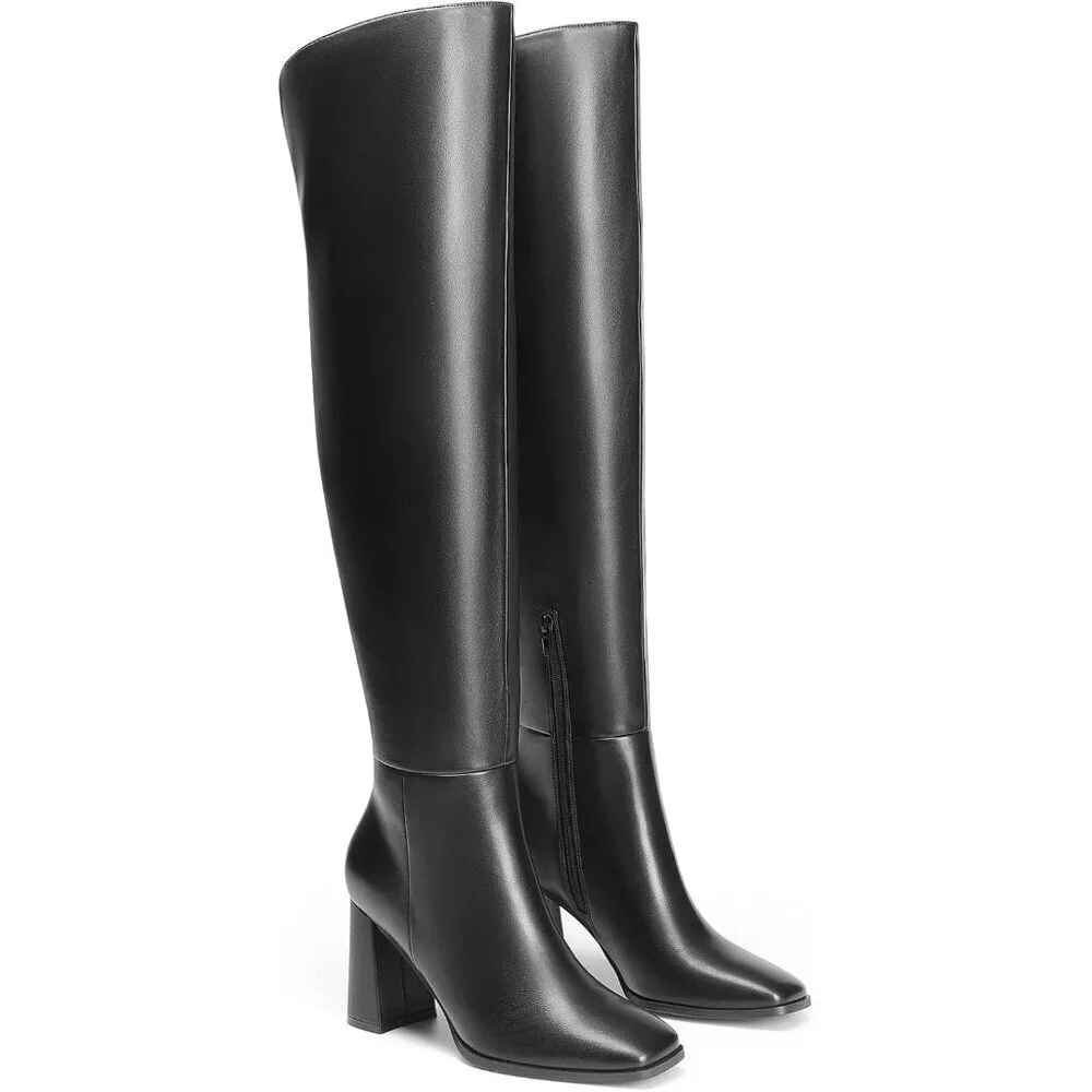 Women's Black Faux Leather Thigh High Block Chunky Heeled Knee High Long Boots